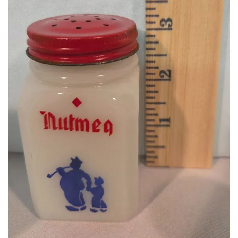 Hazel Atlas Dutch Girl Milk Glass Spice Jars Set of 8 with Red Lids
